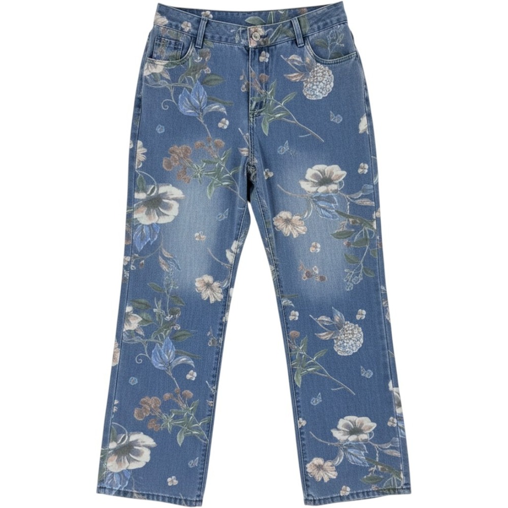 Floral Print Wide Leg Jeans Blue W28 L32 High Rise Boho Cottagecore Denim Garden